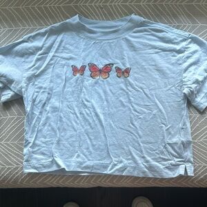 GAP Teen Blue Cropped Baggy Tee With Butterflies Size Large